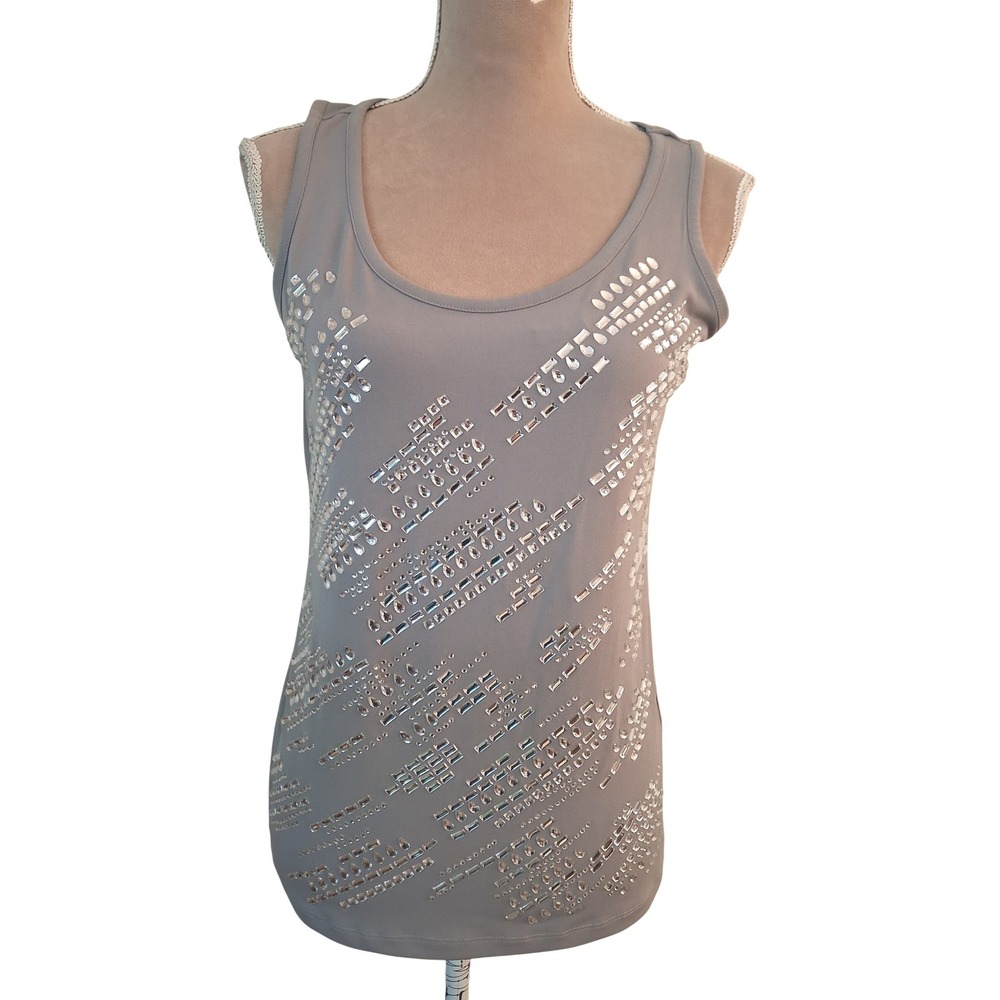 Calvin Klein Gray Rhinestone Embellished Sleeveless Tank Top Small Glam Party